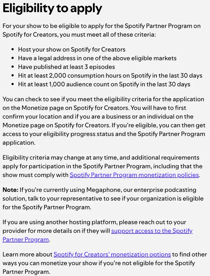 Screenshot outlining the eligibility requirements for the Spotify Partner Program, including hosting on Spotify for Creators, publishing three episodes, meeting consumption hour and audience count thresholds, and how these rules apply to creators of a spotify video podcast
