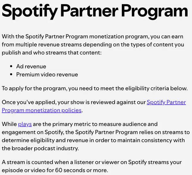 Screenshot of Spotify Partner Program information outlining monetization options for creators, including ad revenue and premium video revenue, and explaining how eligibility and streams are measured for a spotify video podcast.