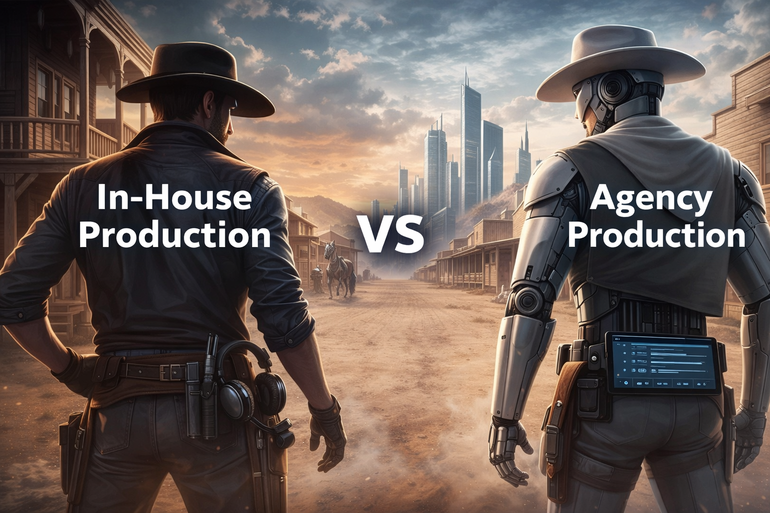 Western-style showdown illustration representing enterprise podcast production, comparing in-house podcast production vs agency production in a futuristic Westworld-inspired setting.