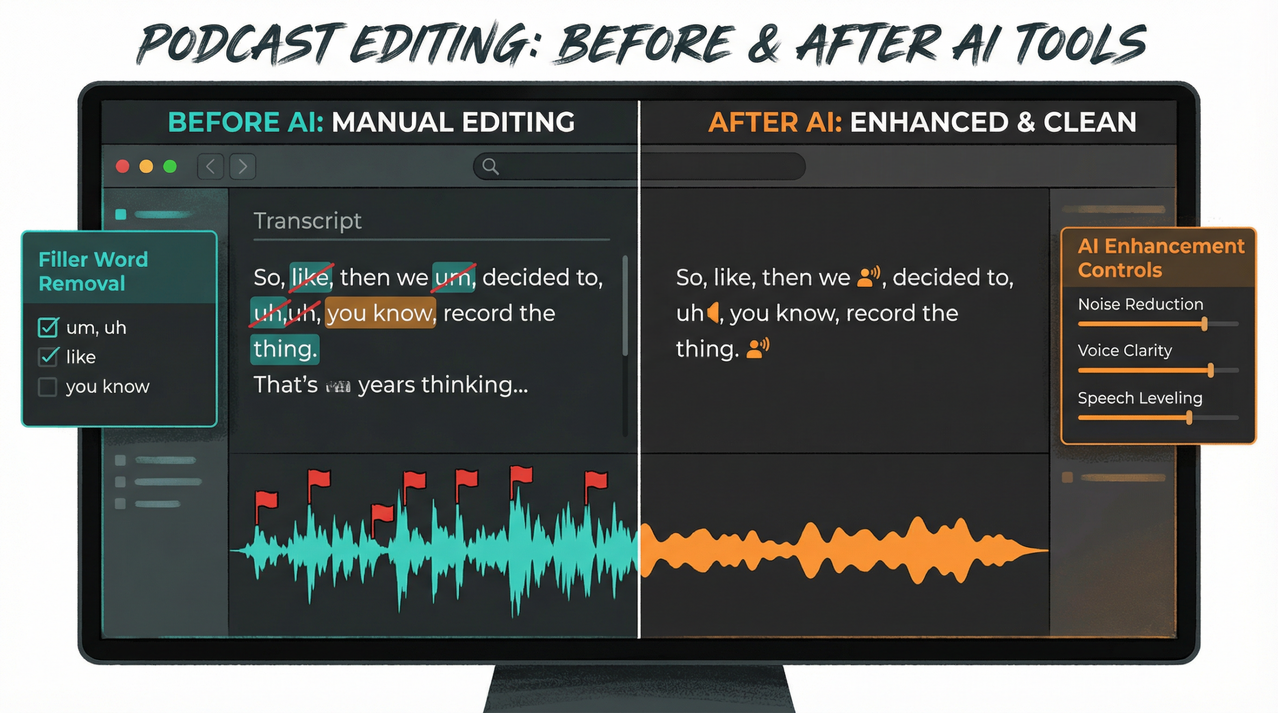 Podcast editing interface showing before and after AI tools with transcript editing, filler word removal, and audio waveform enhancement