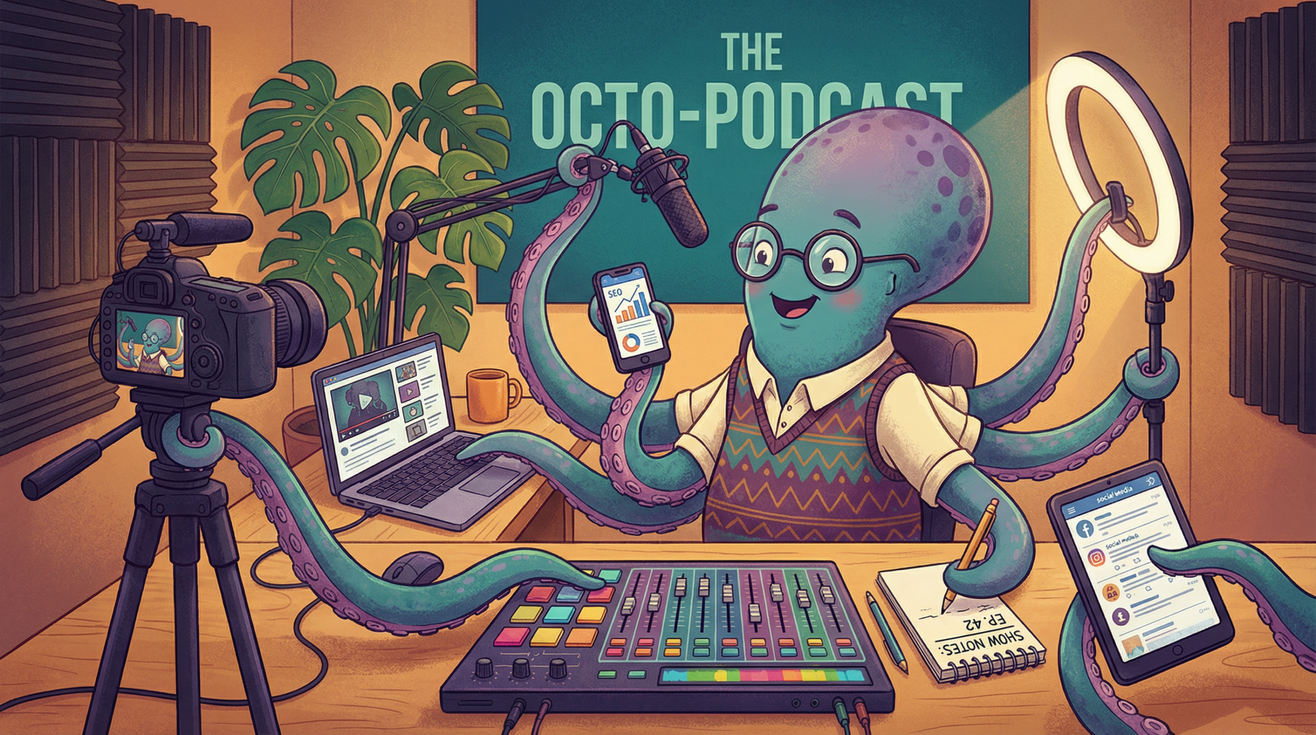 An octopus with each tentacle performing a different podcast production task including camera operation, audio mixing, SEO analytics, and social media management