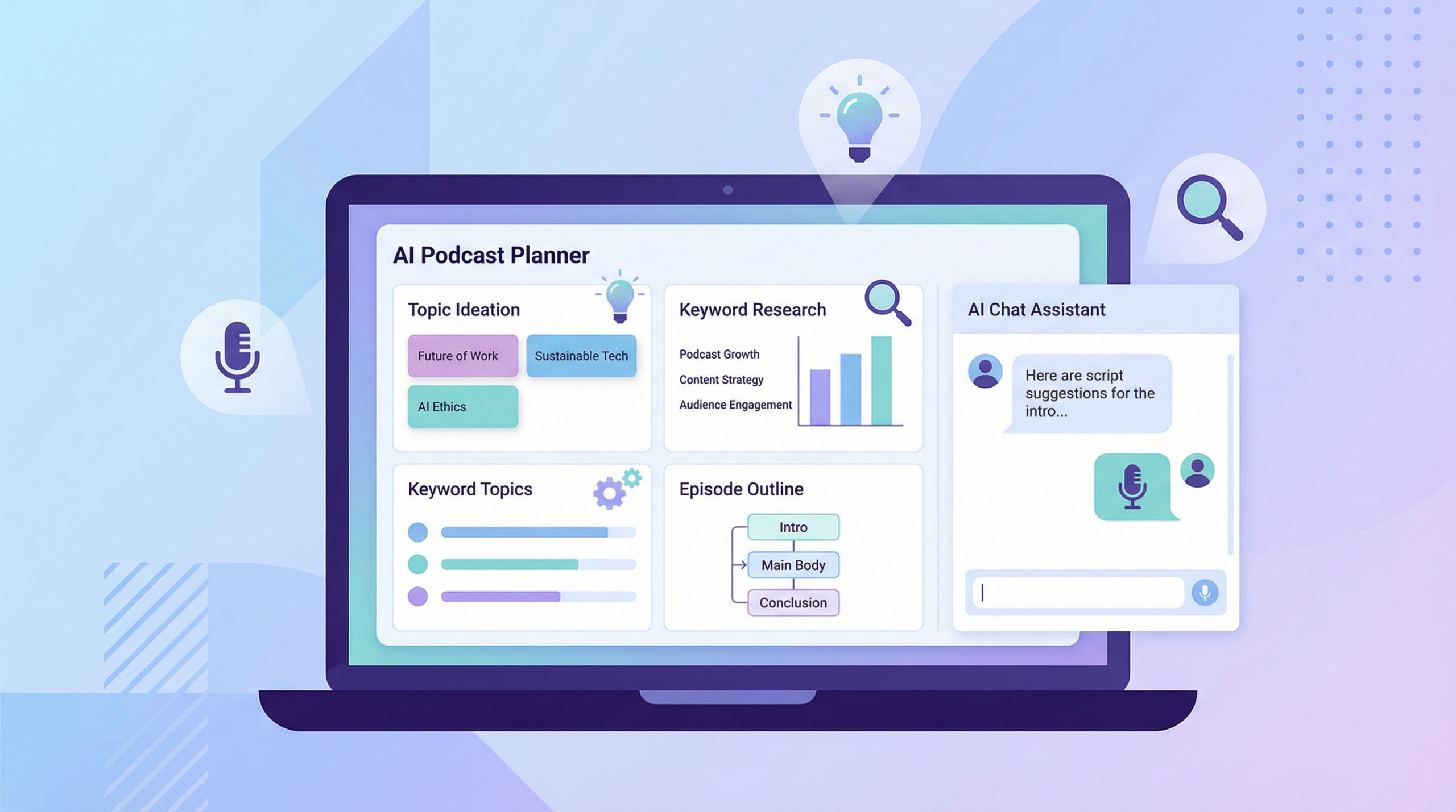 AI-powered podcast planning dashboard showing topic ideation, keyword research, episode outline, and AI chat assistant interface