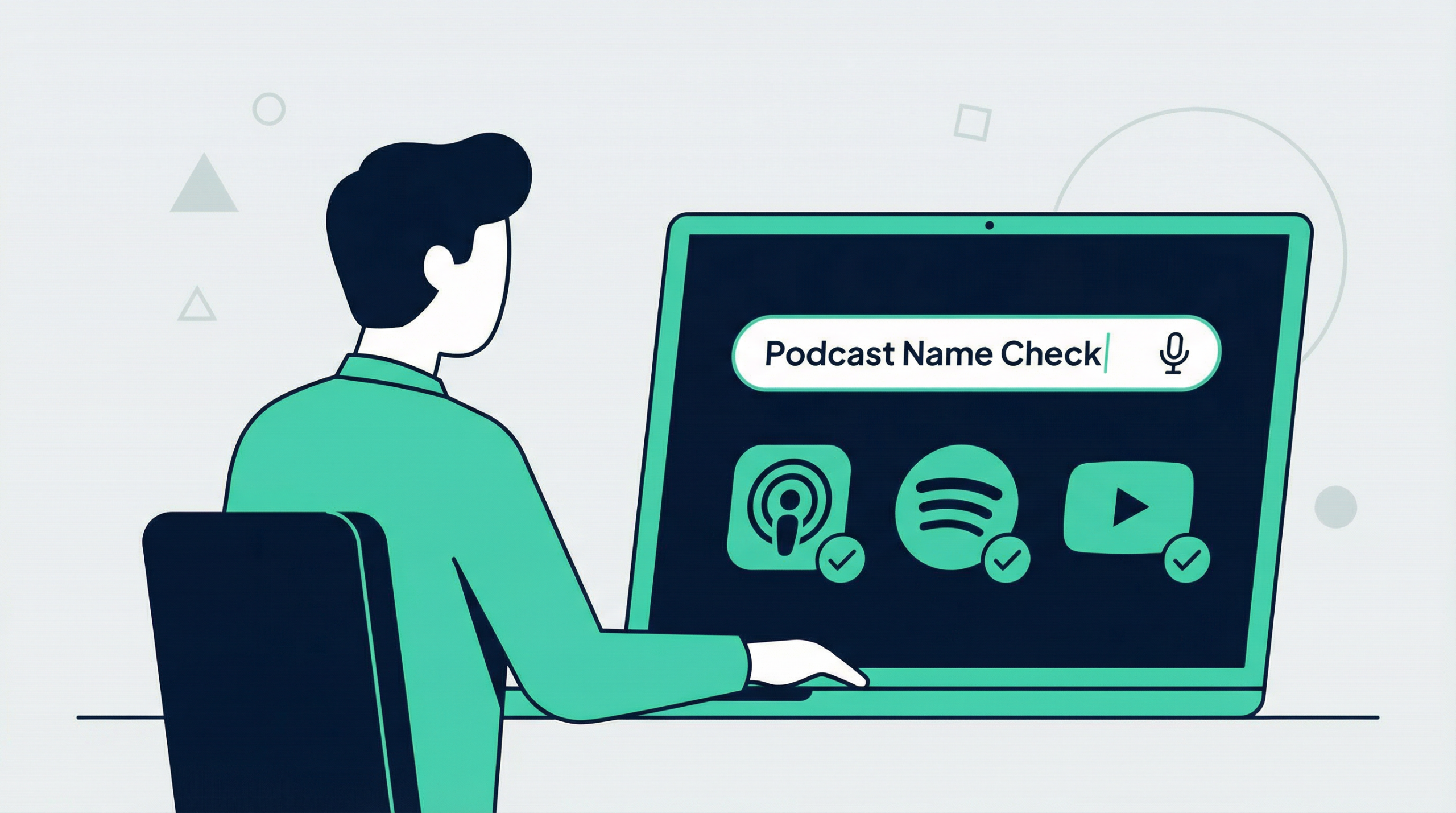 Person checking podcast name availability on laptop showing Apple Podcasts, Spotify and YouTube checkmarks