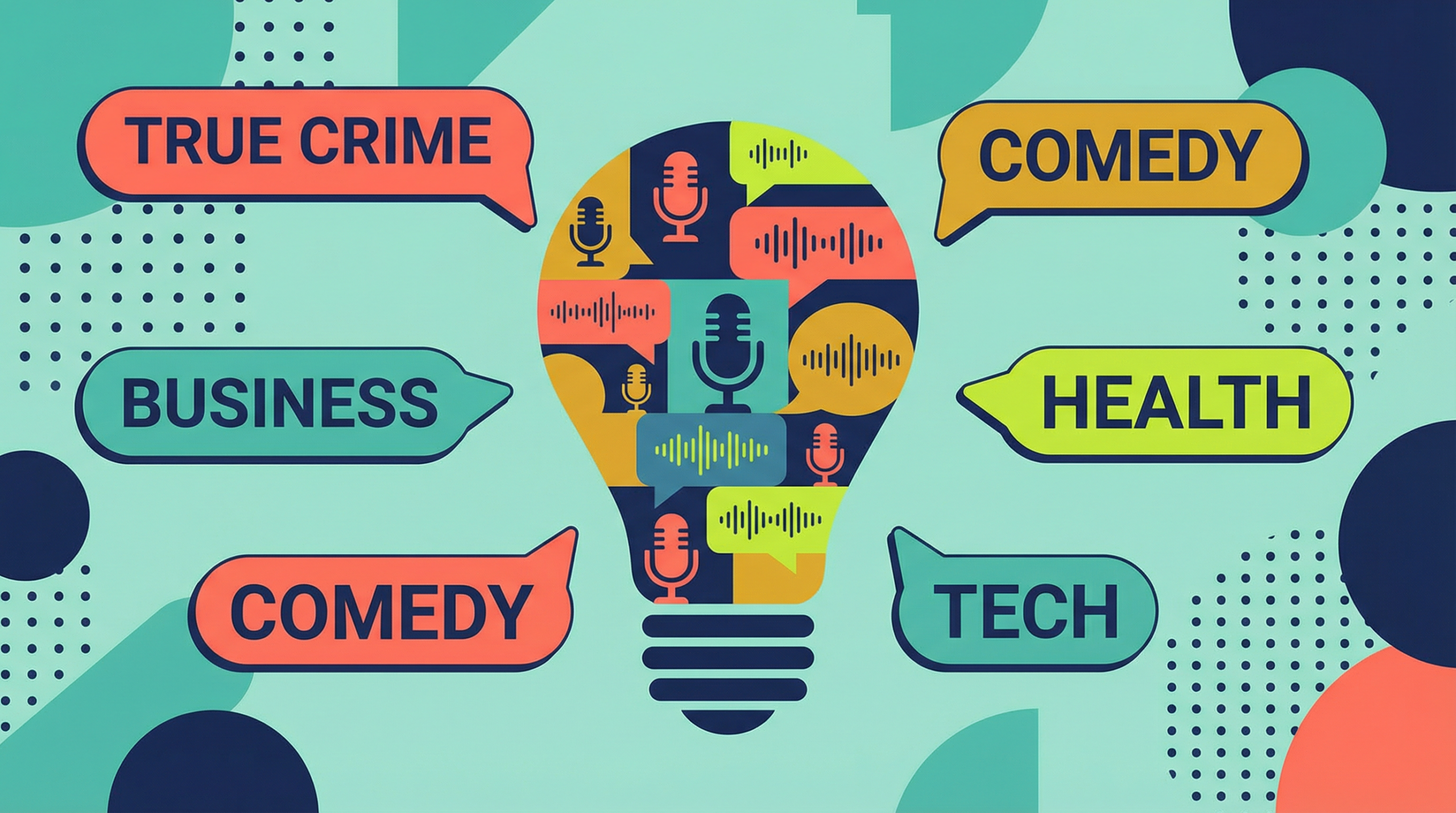 Lightbulb made of podcast microphone icons surrounded by genre category labels like True Crime, Business, Comedy