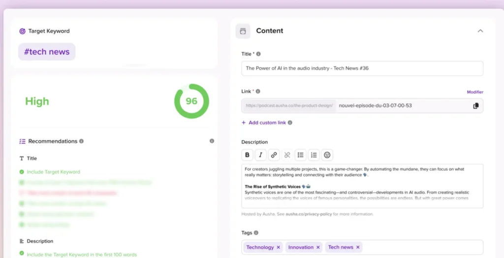 Ausha PSO dashboard showing a podcast optimization score with target keyword recommendations for improving episode metadata.