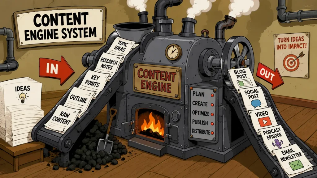Podcast launch plan illustrated as a cartoon content engine turning podcast ideas and raw content into blog posts, videos, social posts, podcast episodes, and newsletters.