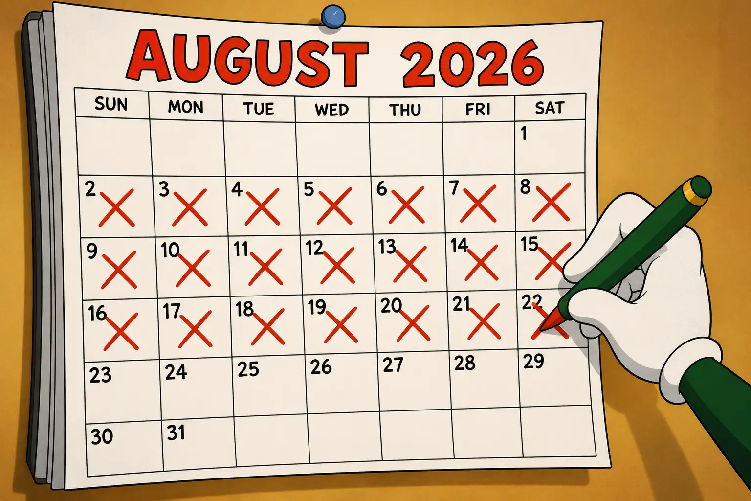 Podcast launch plan illustrated with a 30-day calendar, red X marks, and a hand checking off each day.